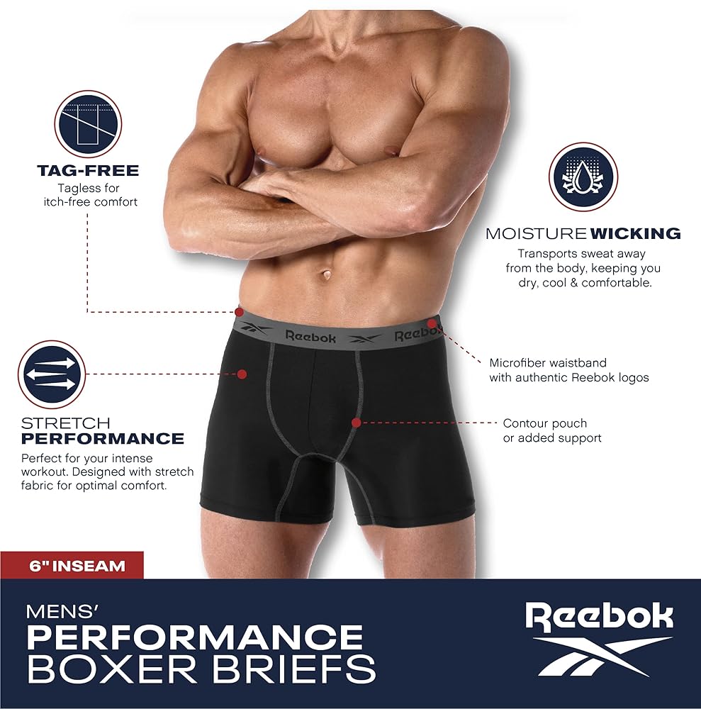 Reebok Men's Boxer Briefs - 6 Pack Long Leg Breathable